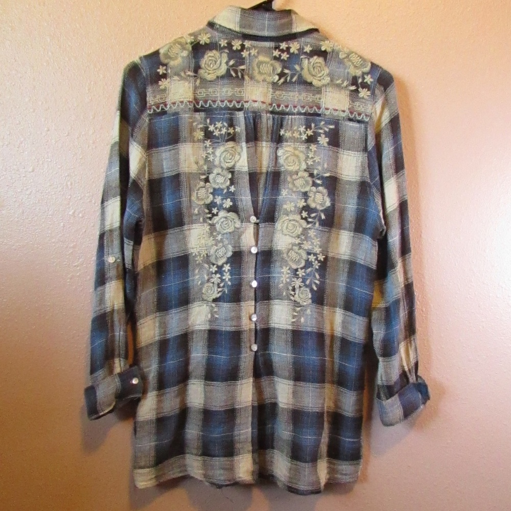 Paparazzi Blue Plaid Button Down Shirt with Embroidery - Picture 6 of 7